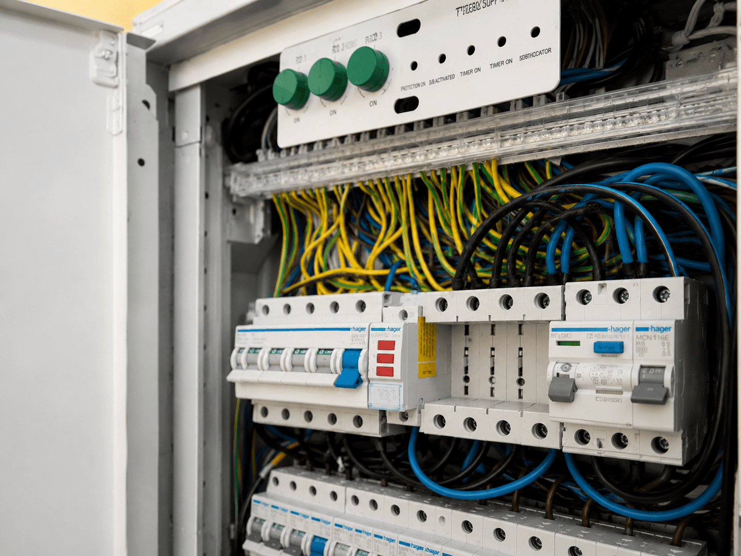 Electrician using digital multimeter to test electrical control panel during safety inspection