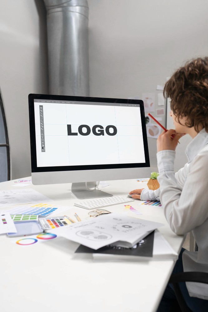 designer focused on creating a logo on desktop computer