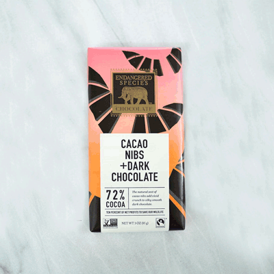 Endangered Species Chocolate Cacao Nibs + Dark Chocolate bar packaging.