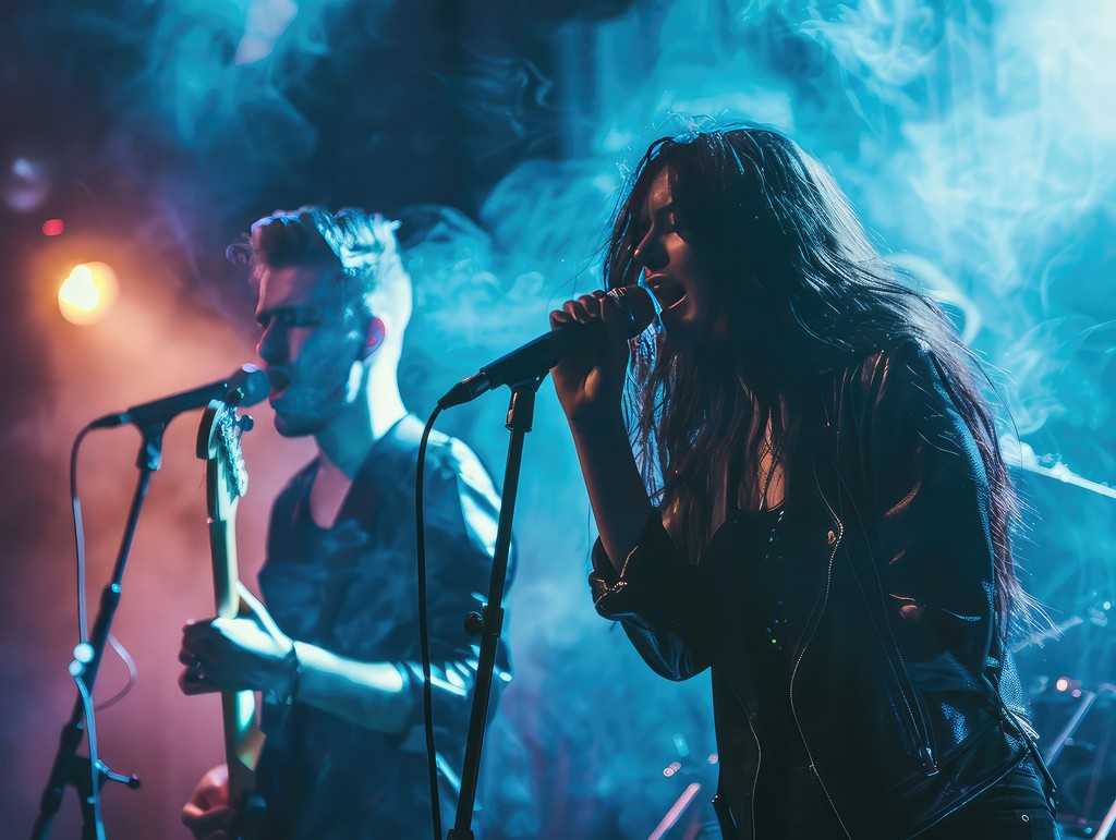 a woman and a man singing at a concert