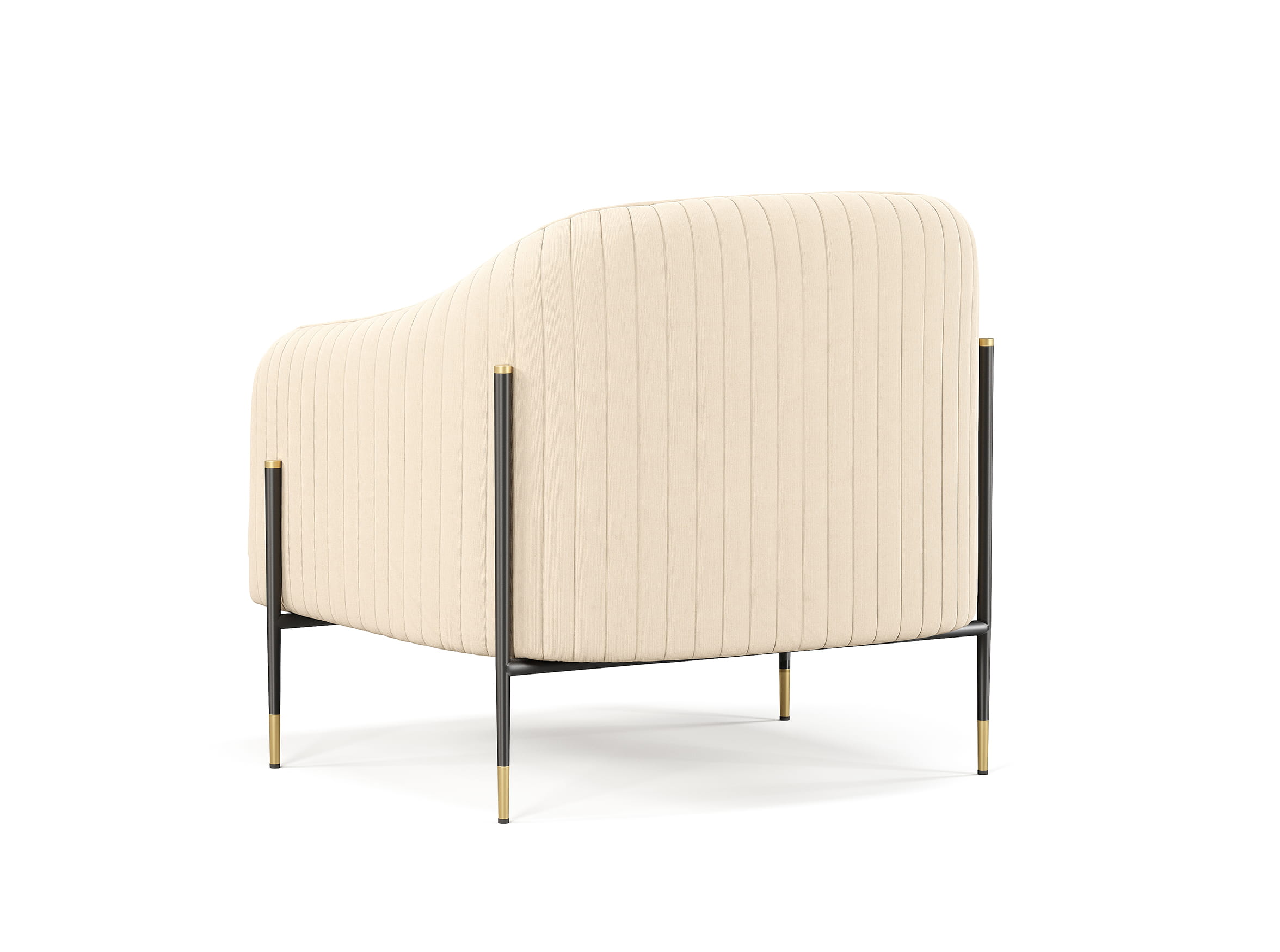 Back view of accent chair 3D render showing stitching and curved form