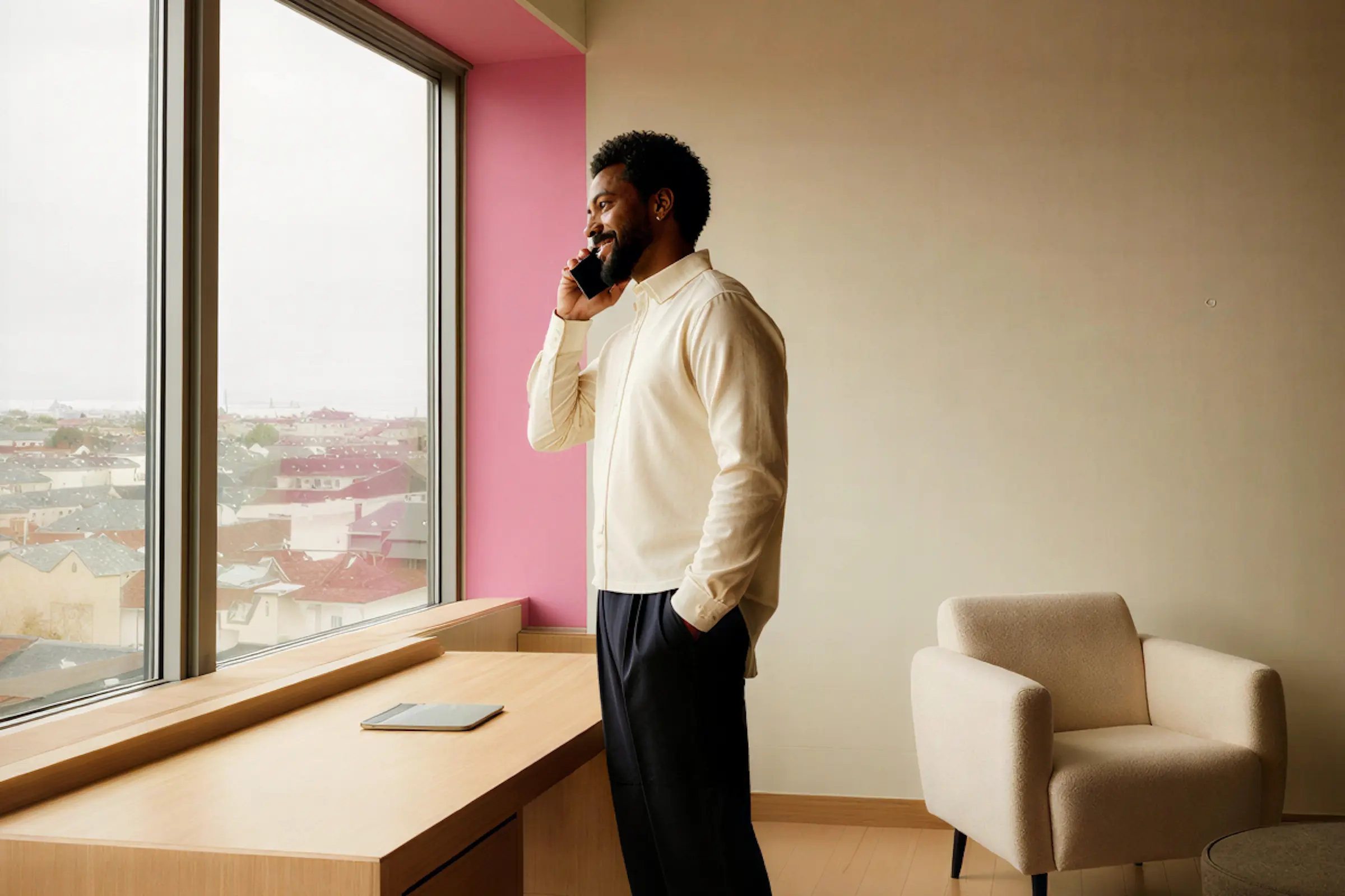 Person standing in a bright room with large windows and moving boxes nearby