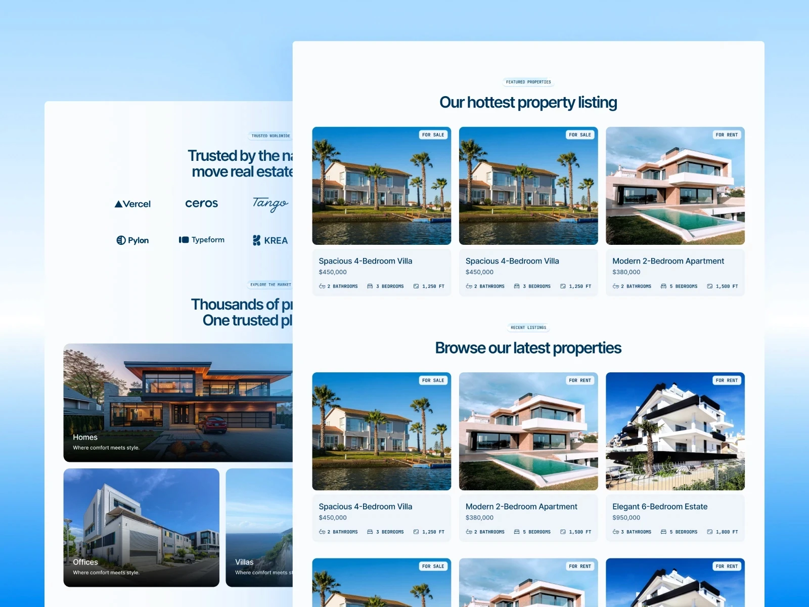 Kizuna real estate website template with featured property listings, category filters for homes, offices, and villas sections.