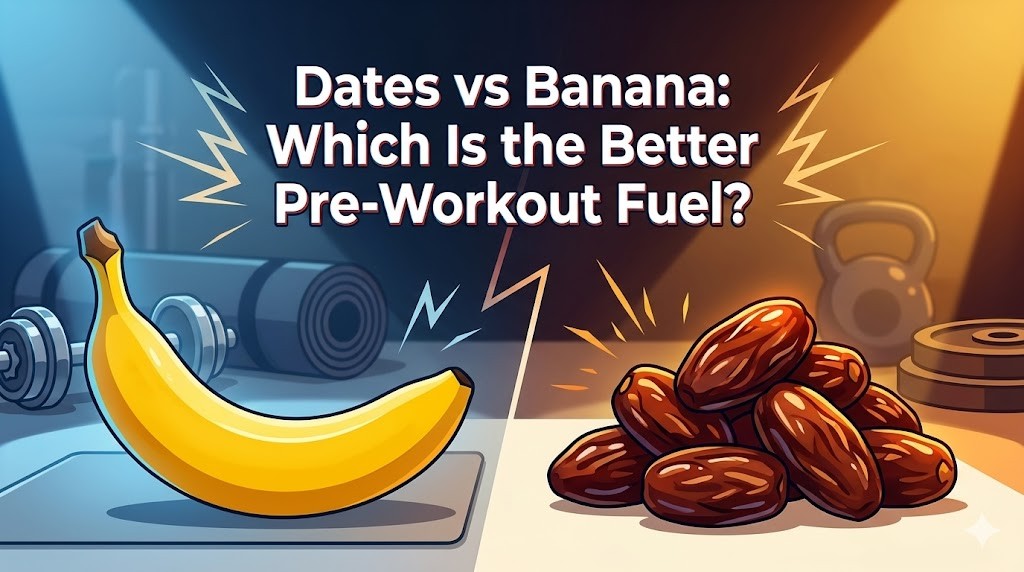 A graphic comparing dates vs banana as pre-workout fuel, with a banana on a gym mat with dumbbells under blue light on the left, and a pile of dates near kettlebells under orange light on the right, with lightning bolts between them.