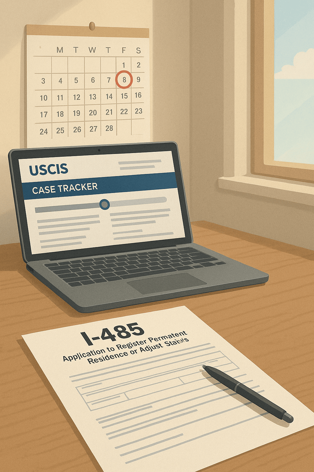 Realistic digital illustration of a desk setup showing a laptop with the USCIS case tracker website on-screen, a printed I-485 form with a pen beside it, and a calendar on the wall with a date circled nine months in the future, evoking the theme of waiting for employment-based green card processing.