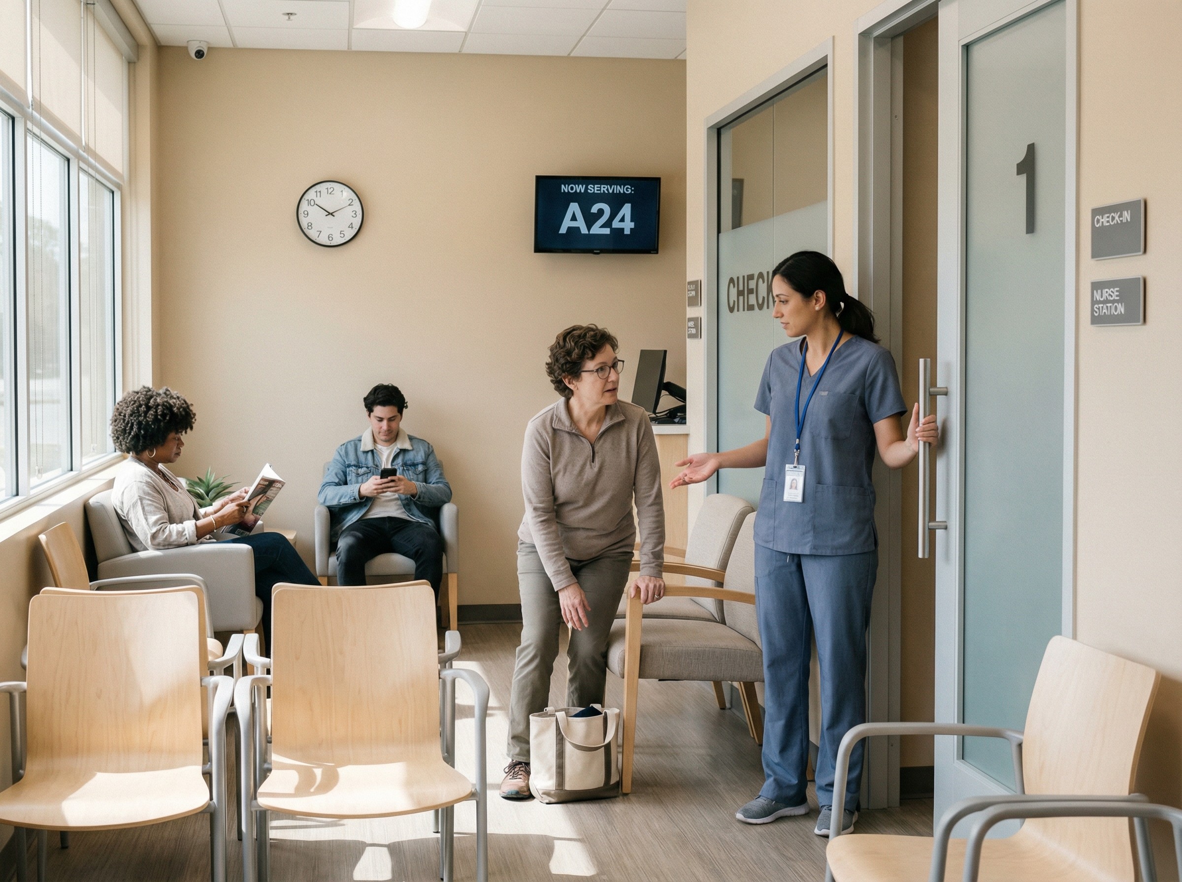 Ein offener Wartebereich mit mehreren Türen zu Untersuchungszimmern. Eine Mitarbeiterin ruft die nächste Person auf, während zwei Besucher entspannt Zeitschriften lesen. Dezente Beschilderung weist die Stationen aus. Die Atmosphäre ist geordnet, die Abläufe wirken verlässlich und planbar.
