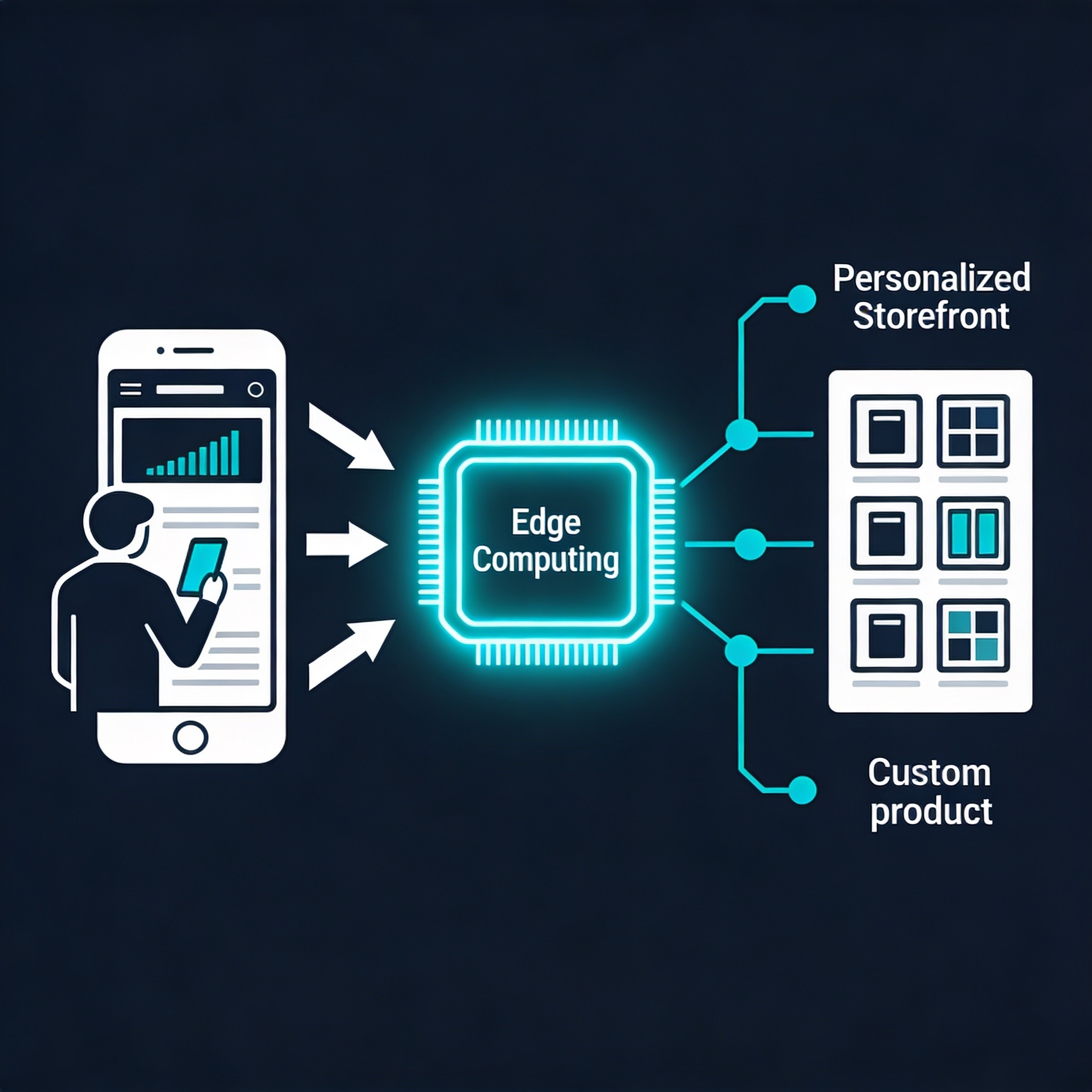Infográfico técnico de fluxo de dados em tempo real via Edge Computing para personalização de e-commerce.