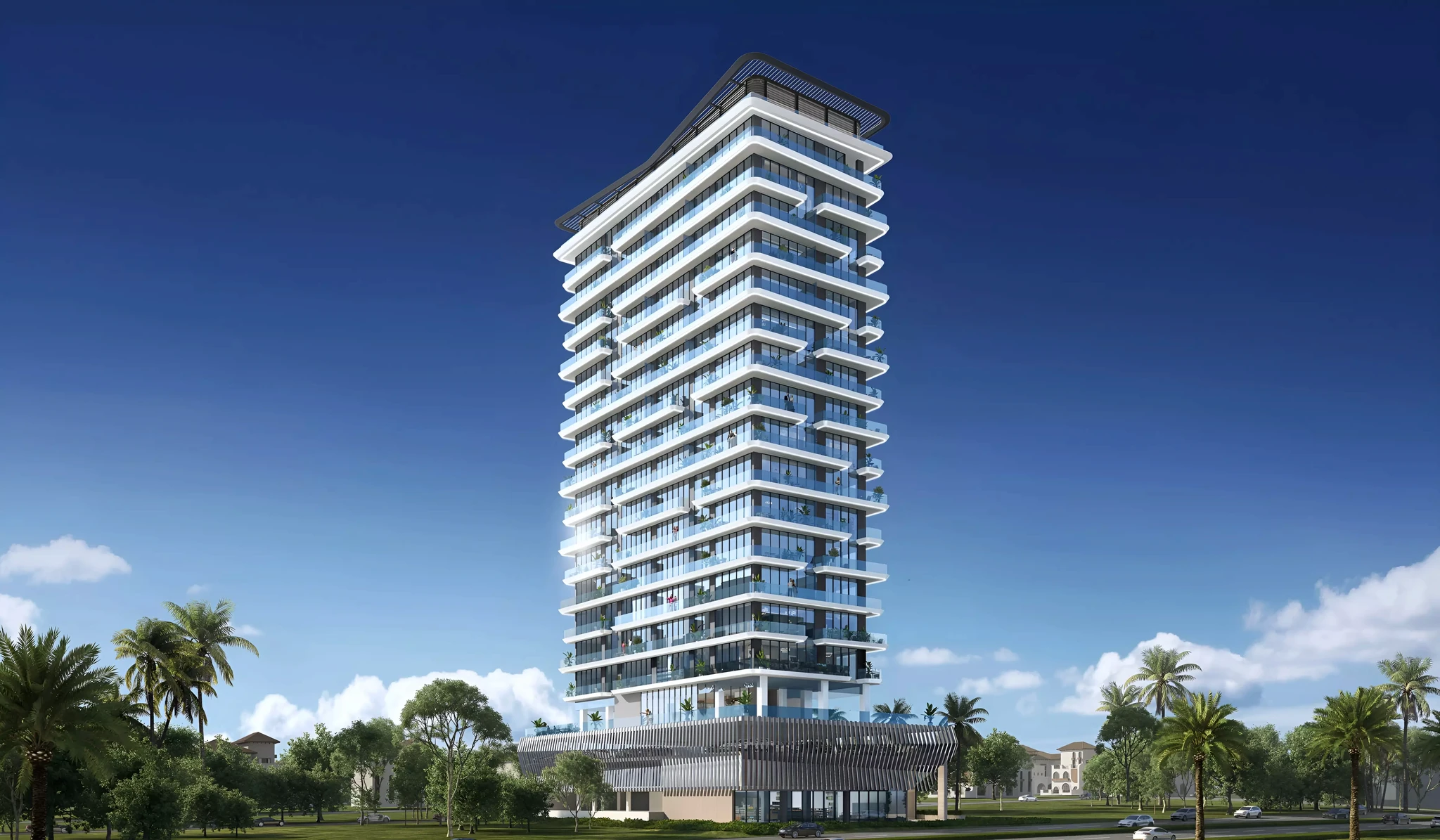 The Repose Residence showcases a tall building accompanied by a large tower in front.