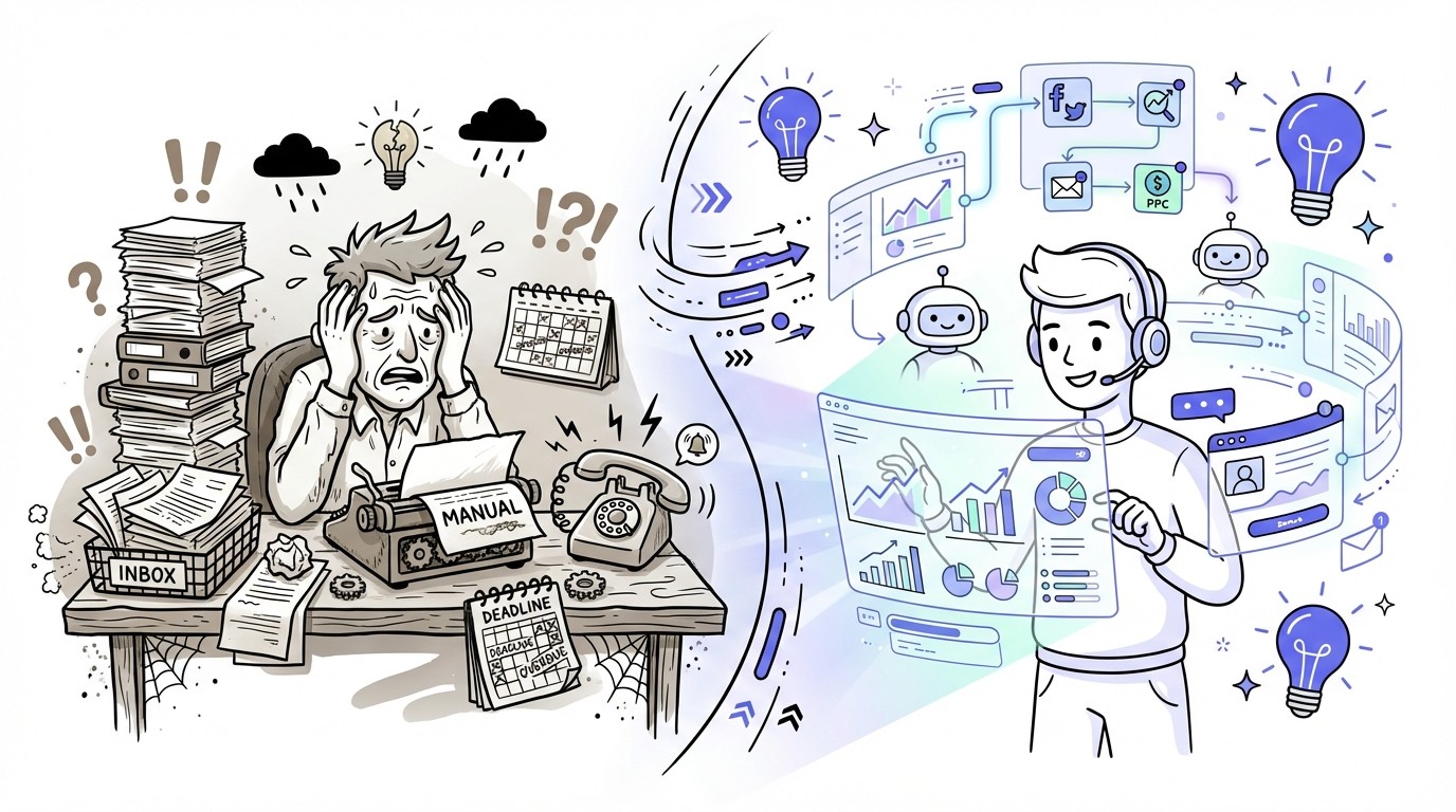 An illustration contrasting manual content marketing (overwhelmed person with paper and typewriter) with modern automated methods (sleek screens, data analytics, and AI).