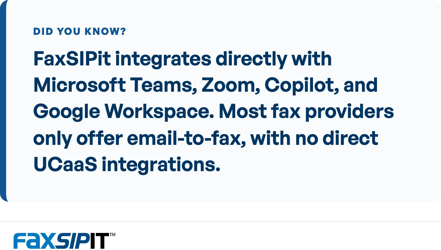 Direct UCaaS integration sets FaxSIPit apart from most SRFax alternatives.