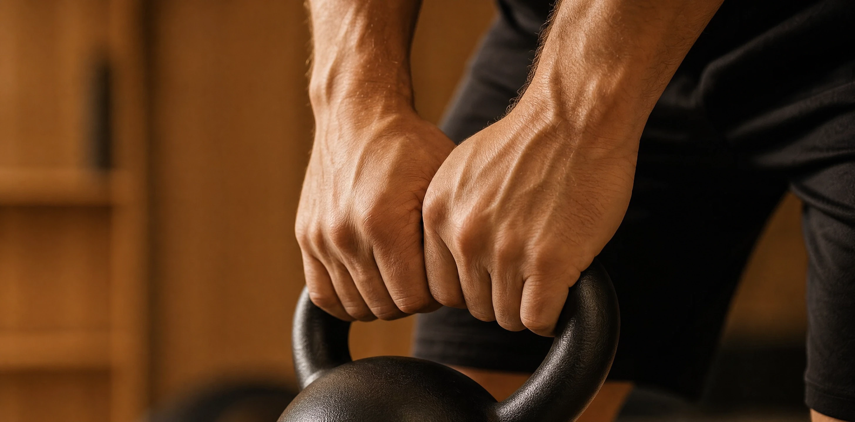 Primer pla de dues mans agafant l'ansa d'una kettlebell durant un exercici de força.