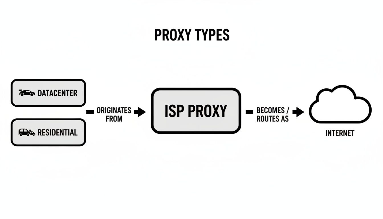 Diagram illustrating ISP proxy types, showing how residential and datacenter sources route as internet traffic.