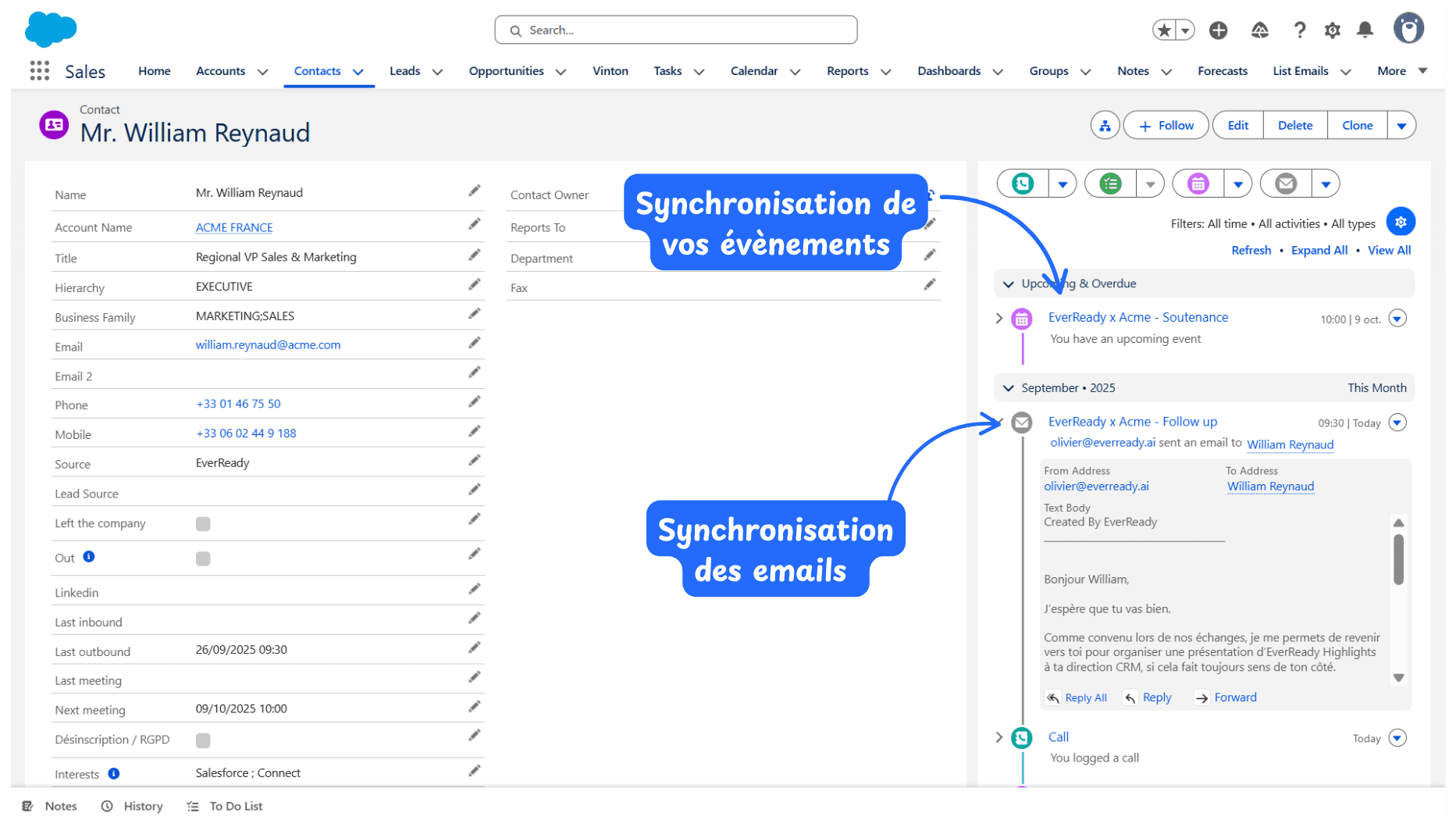 Le fil d'activité d'un contact dans Salesforce : emails et évènements synchronisés par EverReady