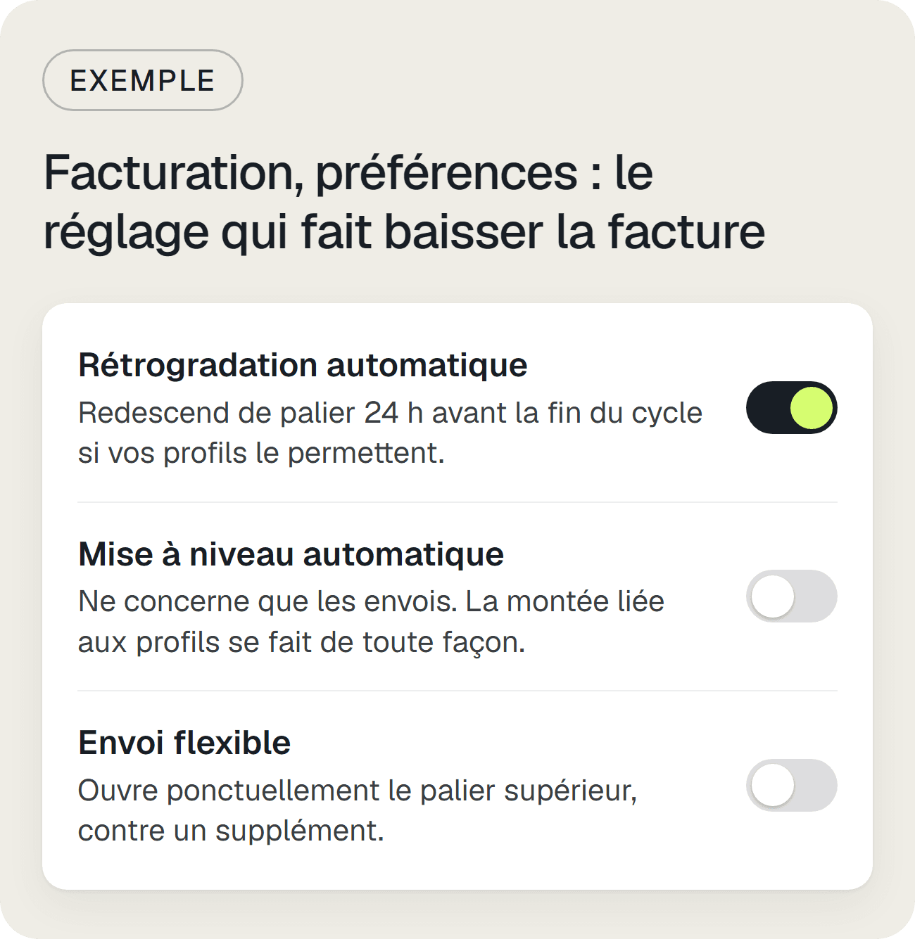 Exemple des préférences de facturation Klaviyo avec la rétrogradation automatique activée