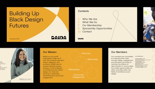 A selection of presentation templates featuring bold typography, bright yellow colour accents, and custom brand graphics.