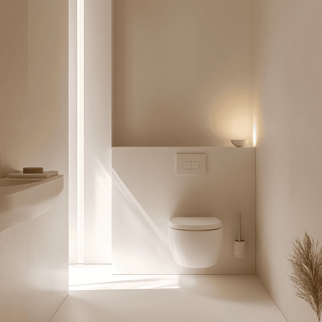 Gäste-WC nach Badsanierung im minimalistischen Stil für mehr Raumfreiheit
