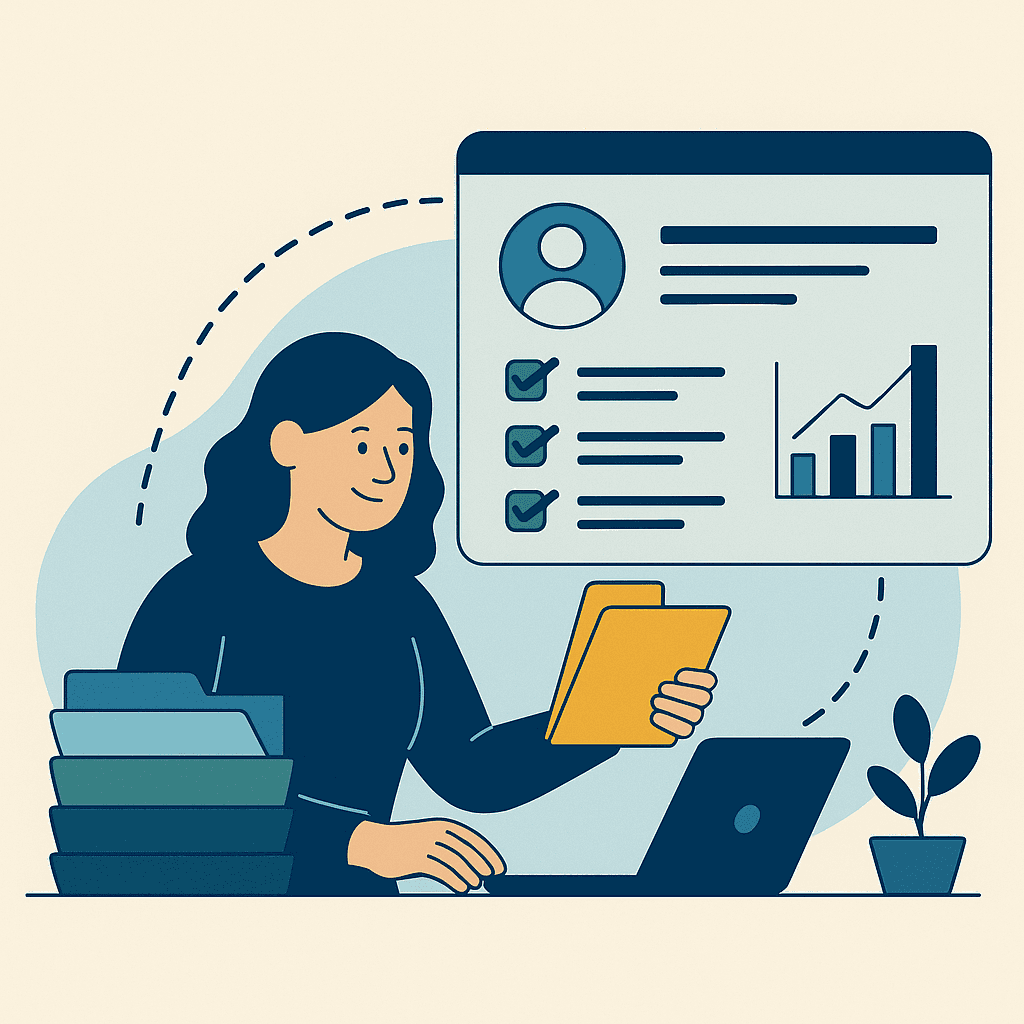 Illustration of a nonprofit worker organizing donor data on a laptop with charts and checklists.