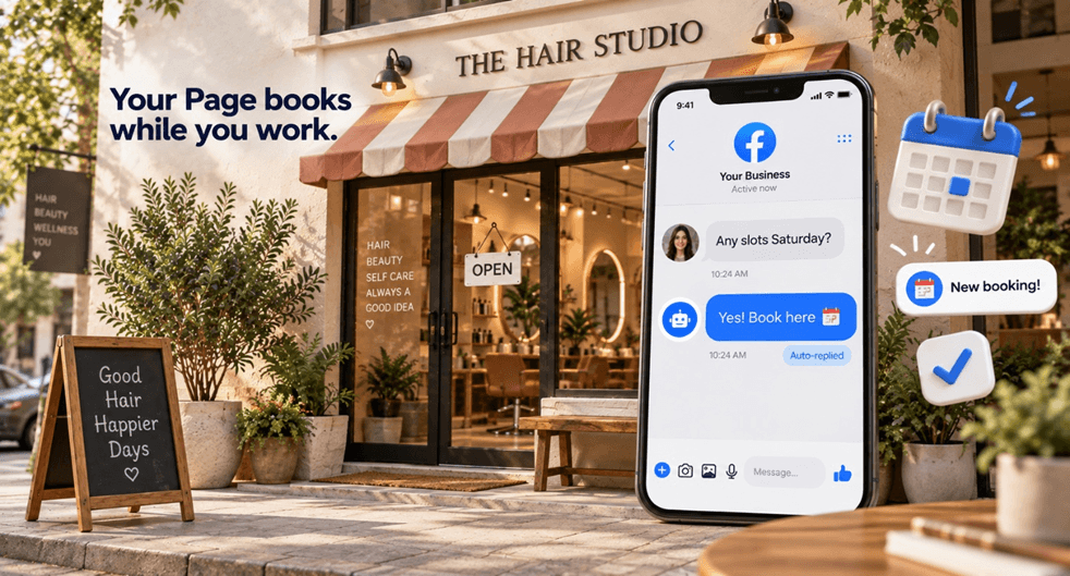 Local business owner using Facebook Messenger automation to instantly answer a booking inquiry and fill their calendar in 2026
