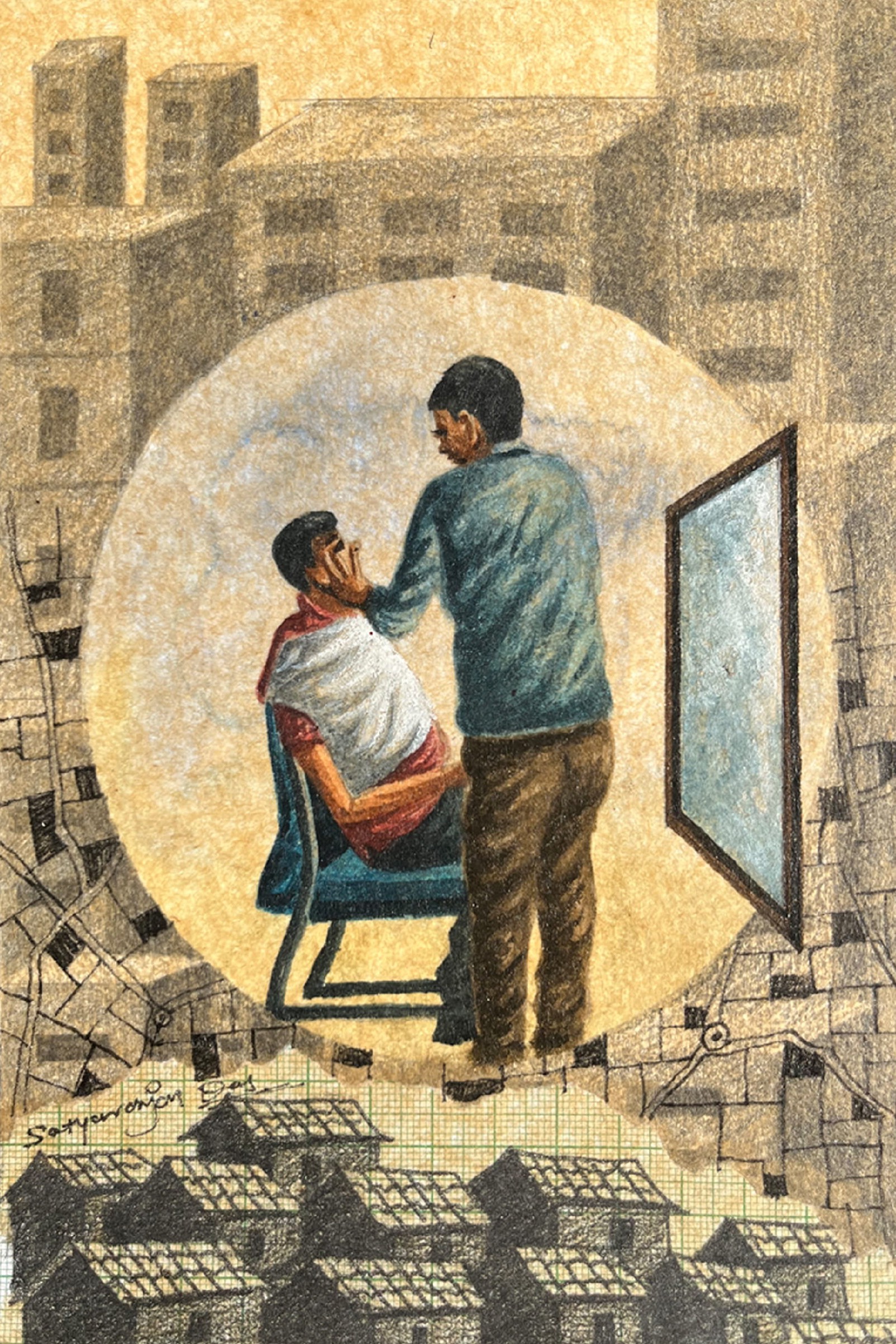 herd of sheep on road painting