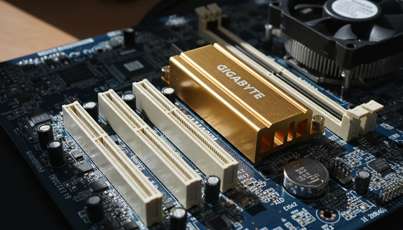 Macro DSLR photograph of a Gigabyte computer motherboard, high-angle view. The dark blue PCB is angled diagonally, featuring a prominent gold-colored brushed metal heatsink at its center. Intricate circuitry, white PCI Express slots, cream DDR2 RAM slots, and a silver coin battery are in sharp focus. Cinematic contrast lighting creates deep shadows and strong highlights on the metallic and plastic textures. In the upper right corner, a portion of a black Intel CPU cooling fan is visible.