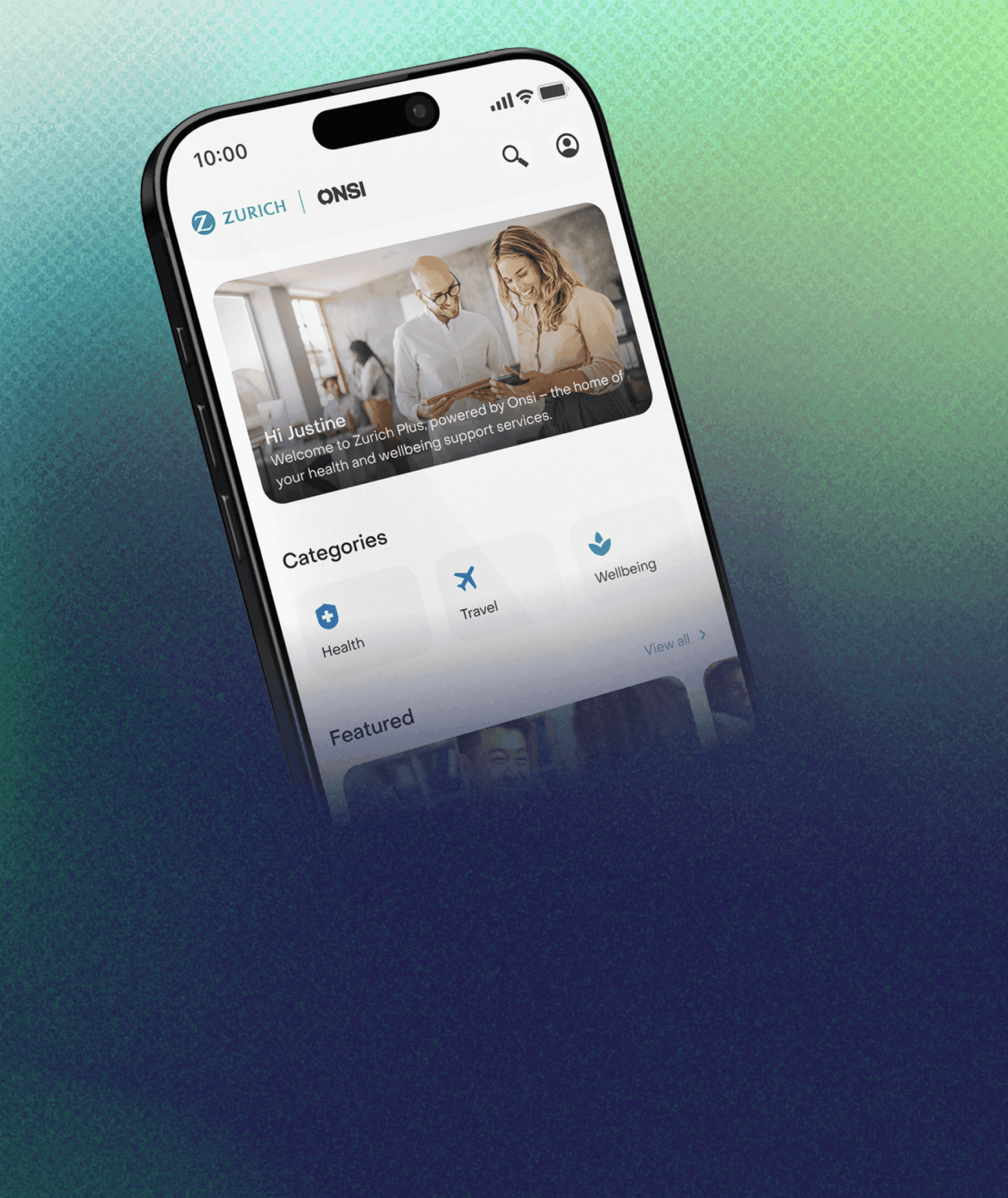 Mobile device screen showing the Zurich Plus app experience.