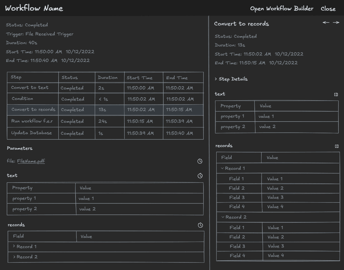 Low fidelity workflow log wireframe showing completed step with input and output details