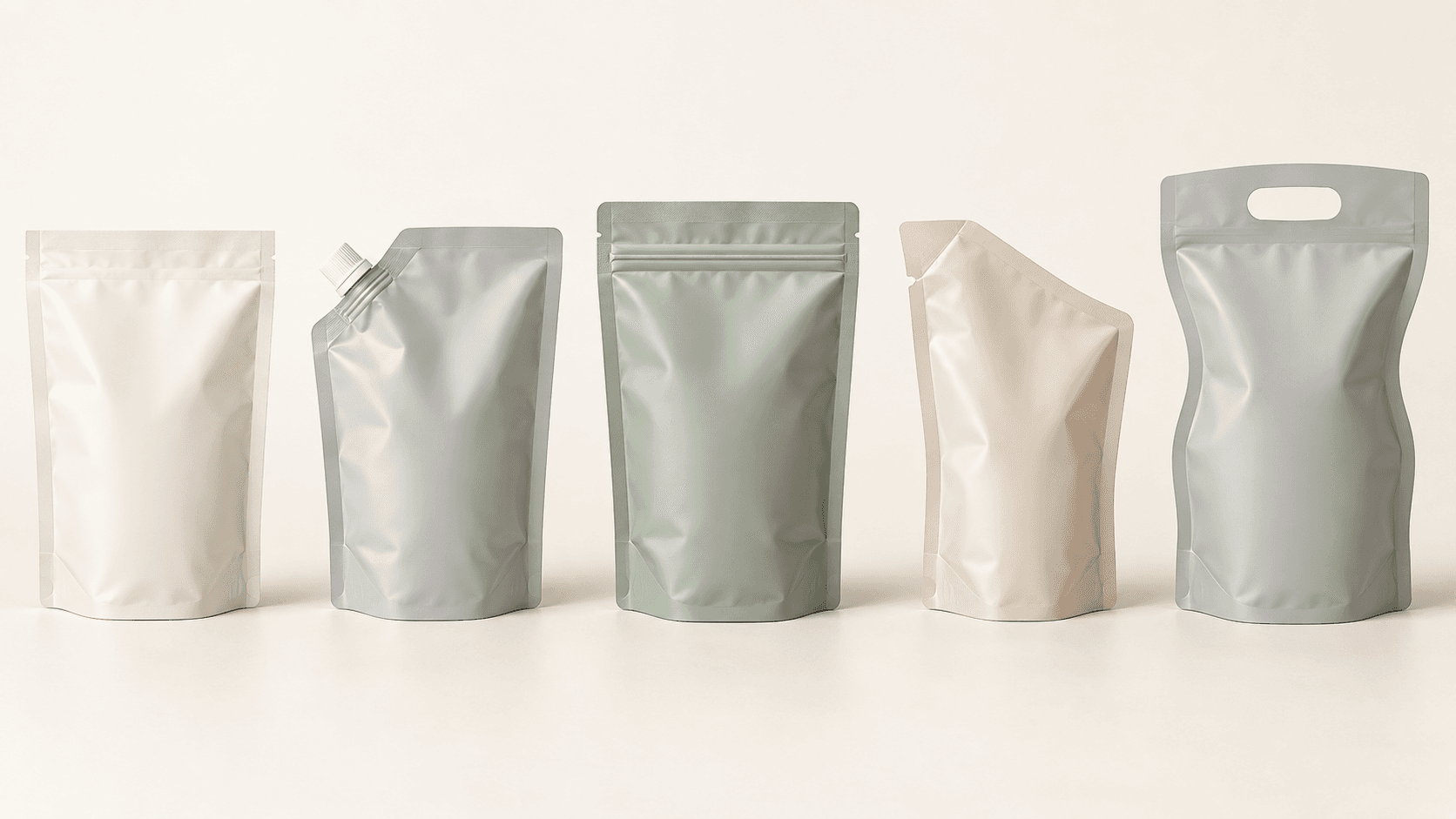 Five stand-up pouch formats: plain heat-sealed, corner-spouted, zipper, integral pouring-corner and shaped handle pouch.