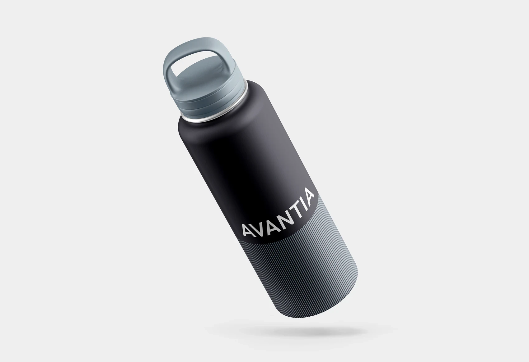 Stylish matte black water bottle with a silver screw-top lid. The lower half is wrapped with vertical stripes in light blue, and the ‘AVANTIA’ logo appears in bold white across the centre.
