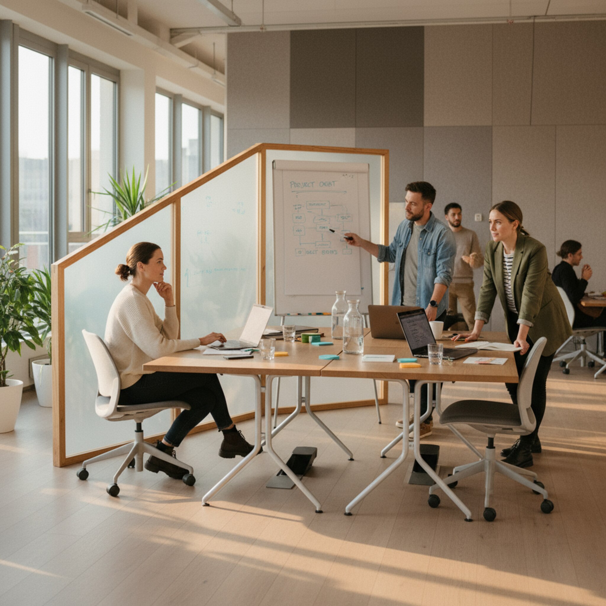 Ein flexibler Bereich wird spontan zur Projektzone: Ein beweglicher Raumteiler, ein Roll-Whiteboard und modular zusammengeschobene Tische schaffen eine fokussierte Ecke. Sanftes Abendlicht beleuchtet den Raum, leise Gespräche im Hintergrund. Die Szene vermittelt kreatives Arbeiten in einer lebendigen, aber nicht überladenen Umgebung.