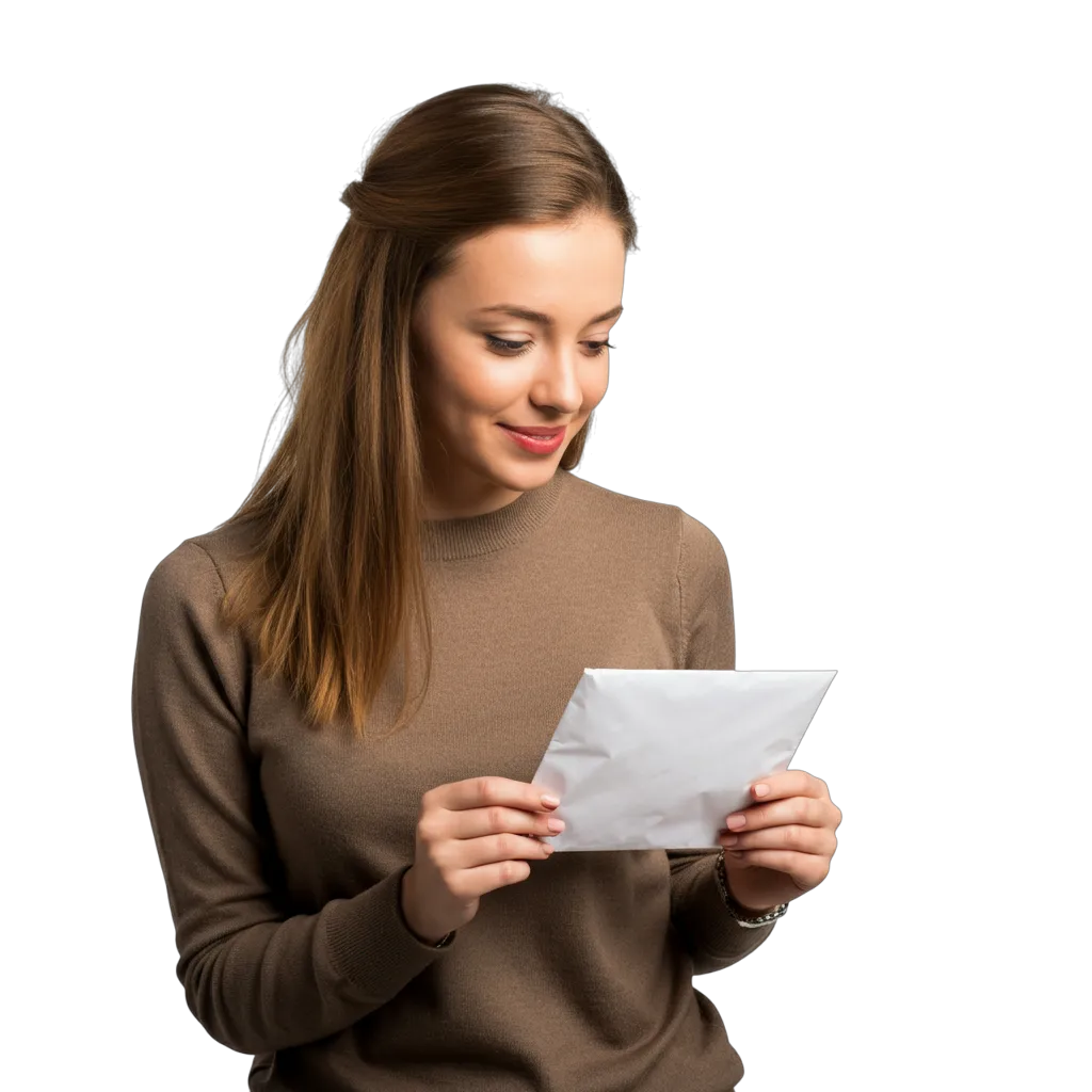 A woman holding an envelope