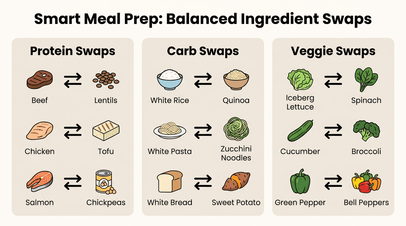 Ingredient swap chart for meal plan for weight loss with protein carb and veggie options