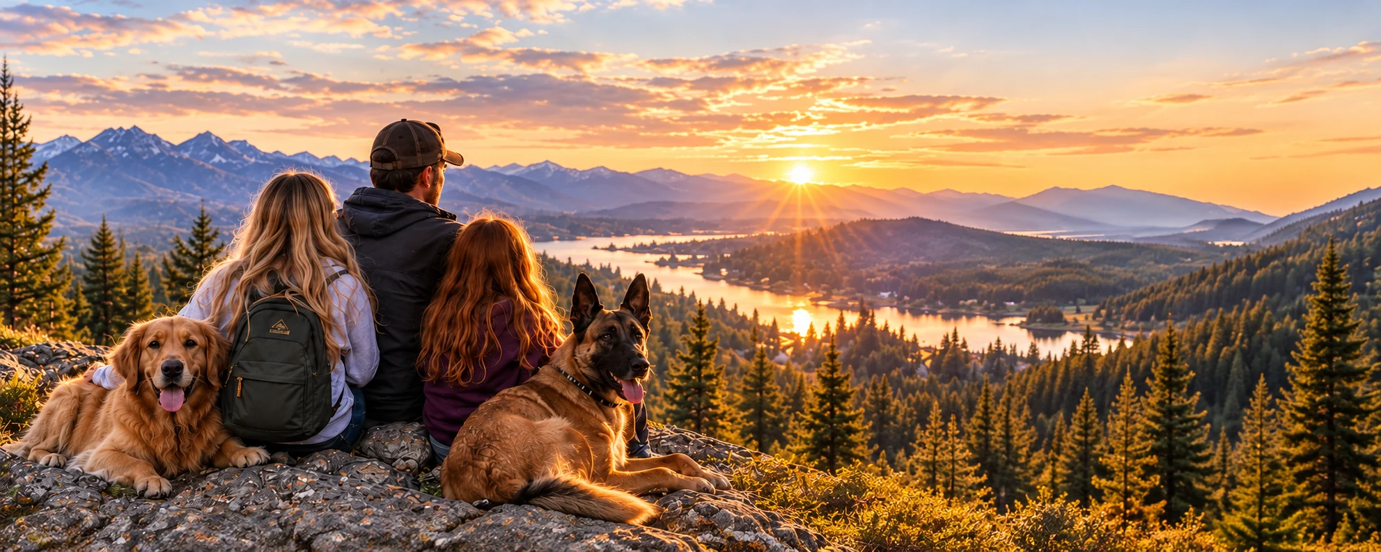 Family and dogs overlooking a California landscape