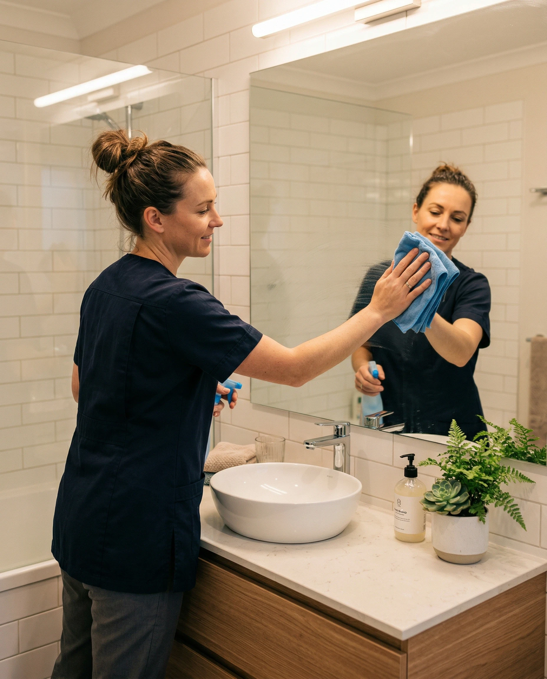 Woman cleaning a bathroom mirror with a cloth and spray bottle.