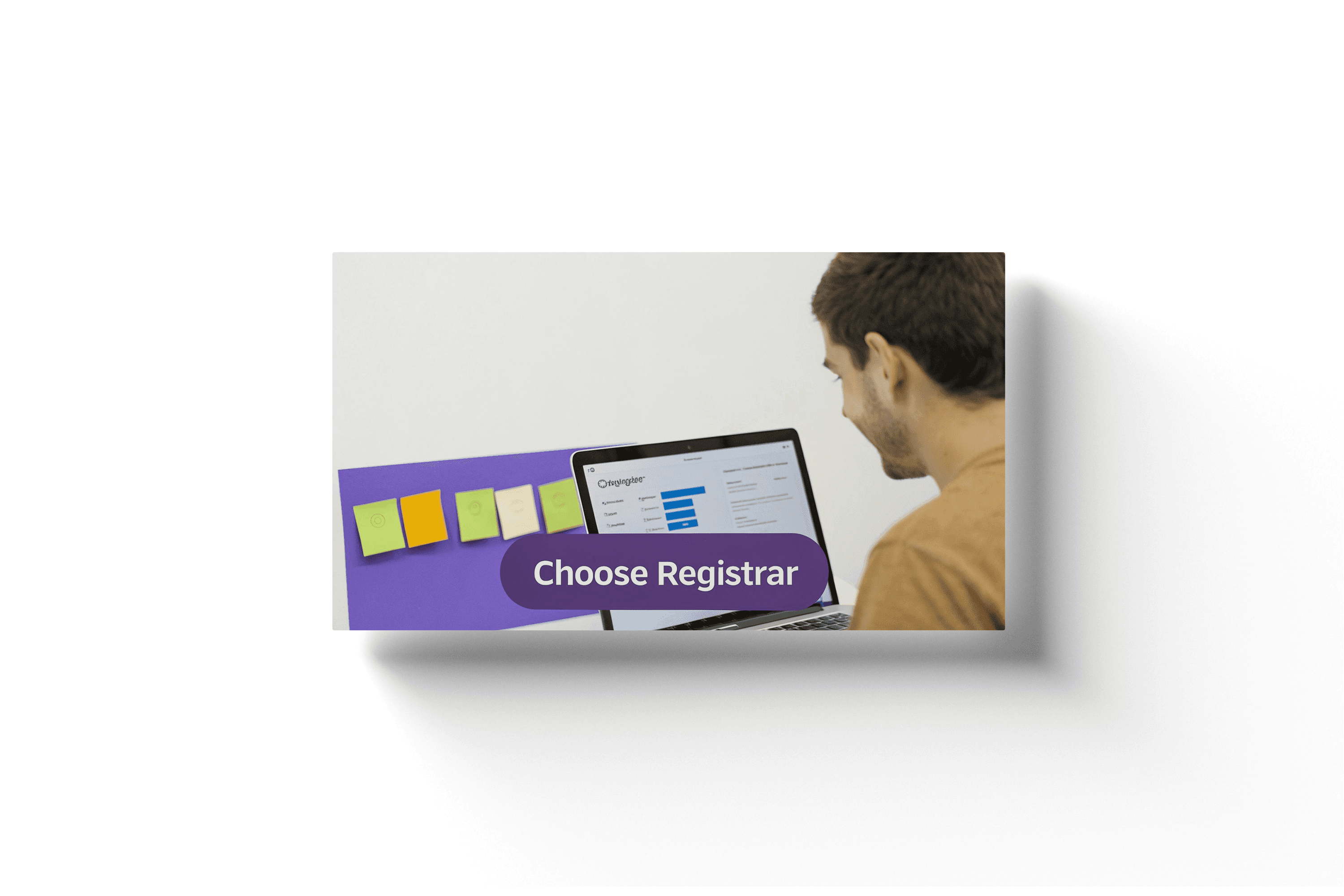 a man looking at a laptop screen with a purple bar that says 'choose registrar'