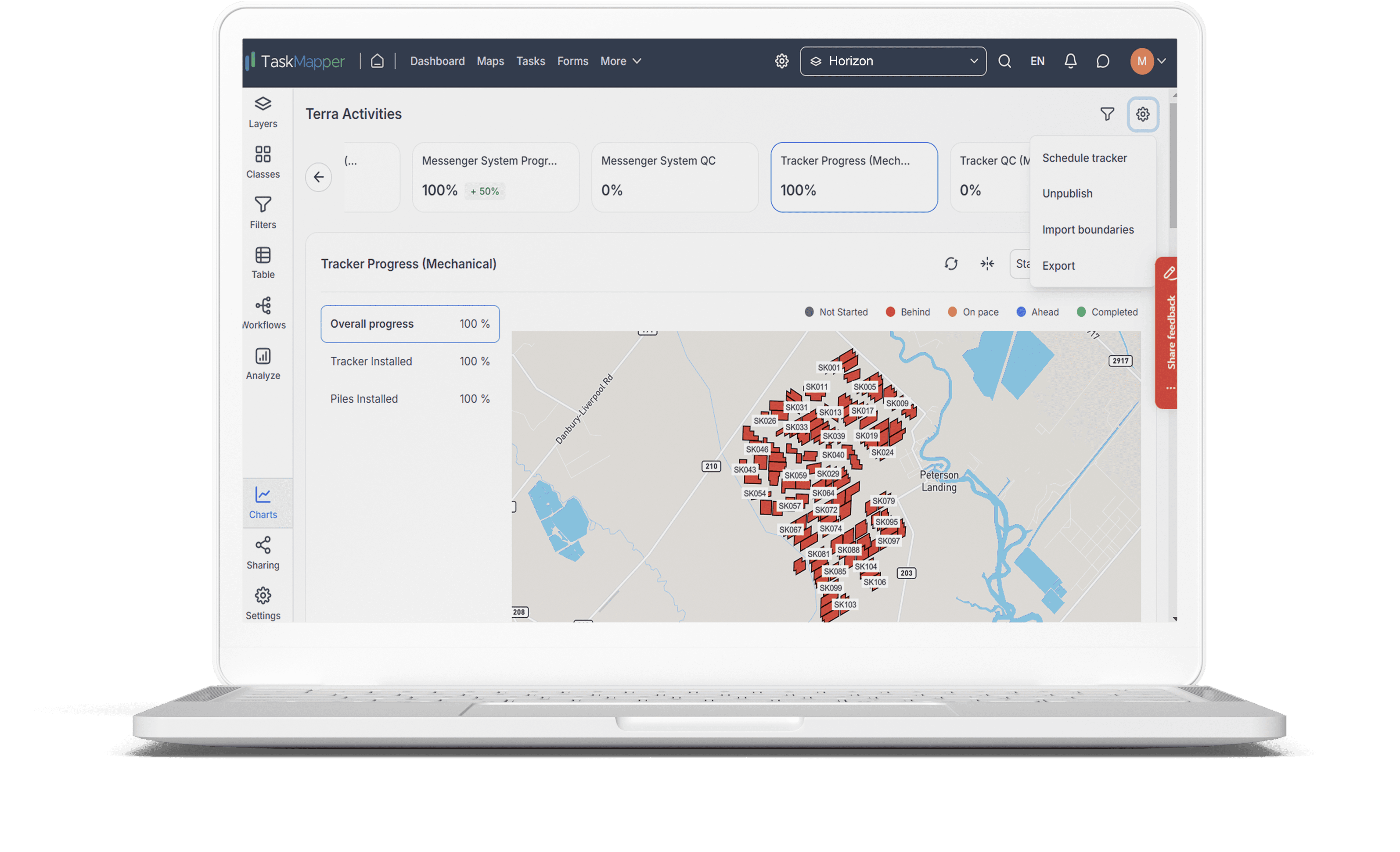 Solar construction work progress report export option on TaskMapper for easy sharing