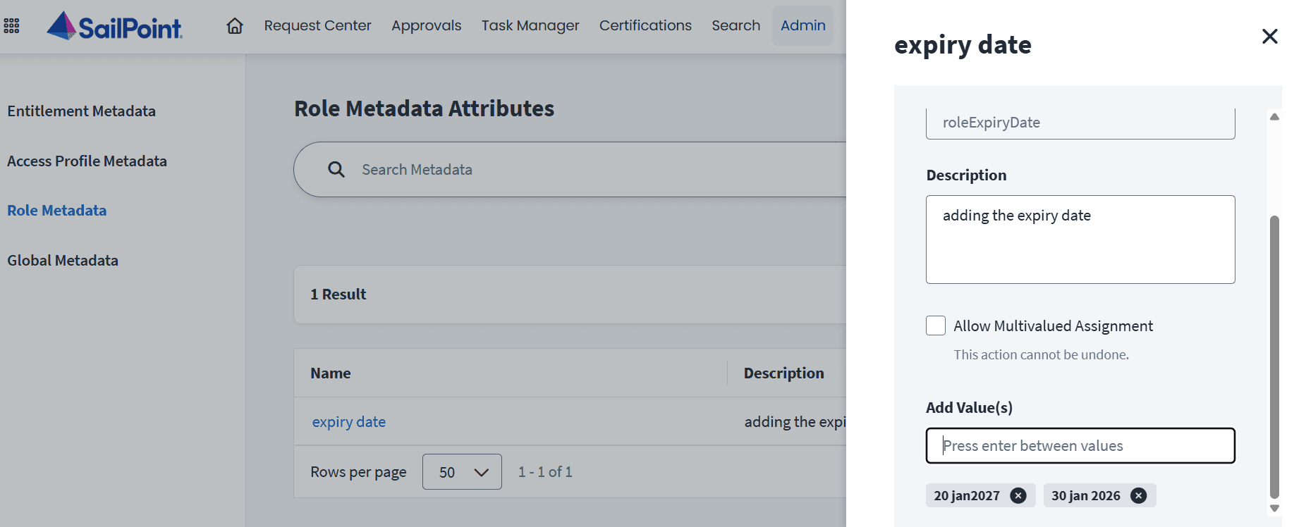 SailPoint ISC interface for adding role metadata attributes, showing an expiry date configuration with multiple values.