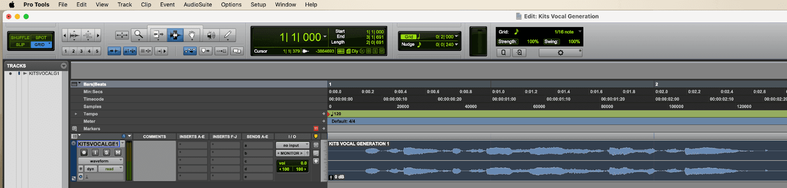 A DAW screenshot with Kits Voice Generator files in the audio layer