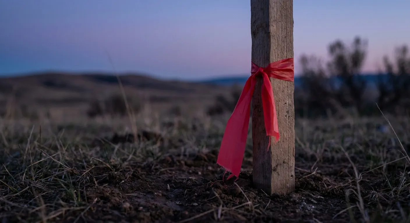 Red ribbon on a post in a field at dusk, symbolizing RockN' Socials' Digital Marketing Agency.