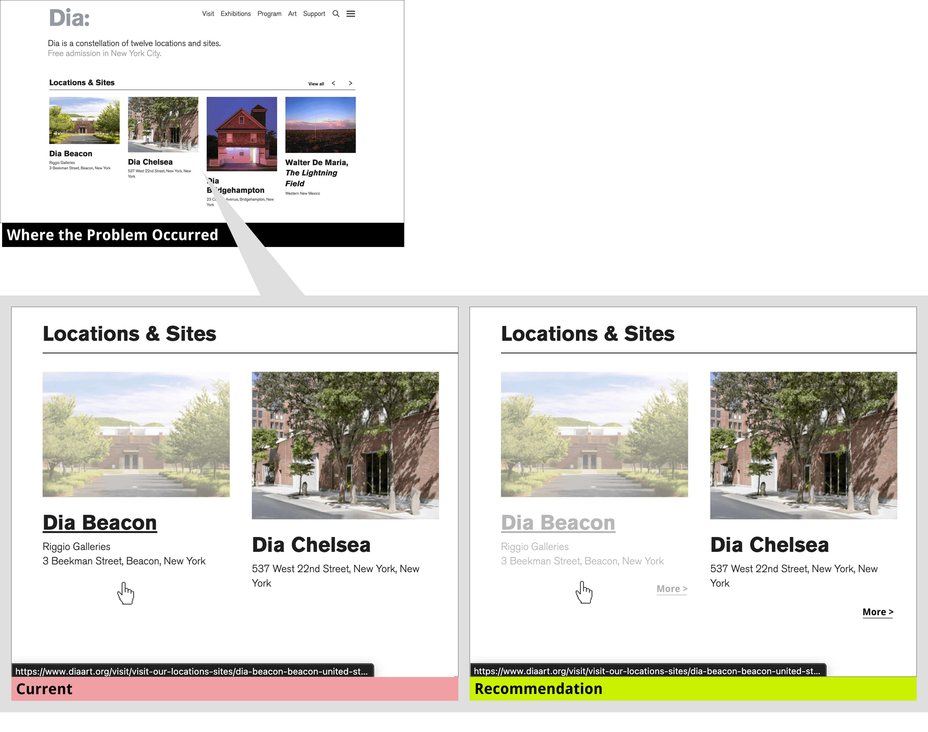 Current versus recommended location cards. The updated version adds a More button and a full-card hover animation highlighting the entire block as a clickable entry point.