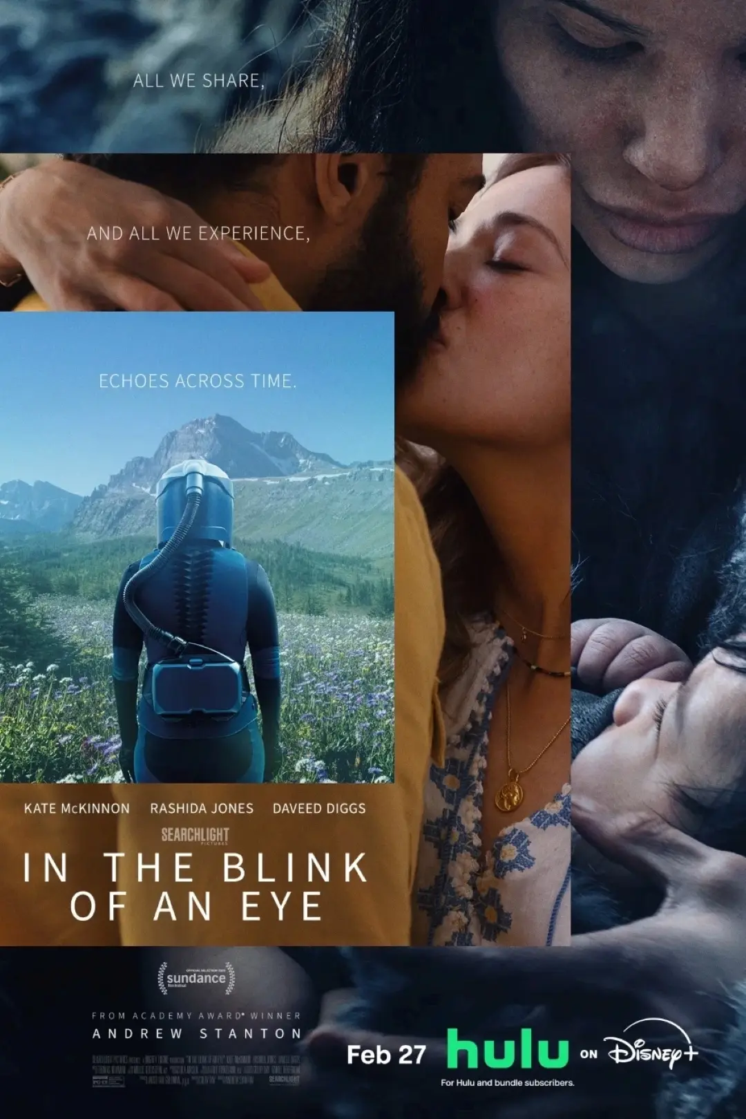 A poster for the film "In the Blink of an Eye" featuring a montage of a couple in an intimate moment, a serene landscape with a person in a spacesuit, and close-up images of emotional expressions.