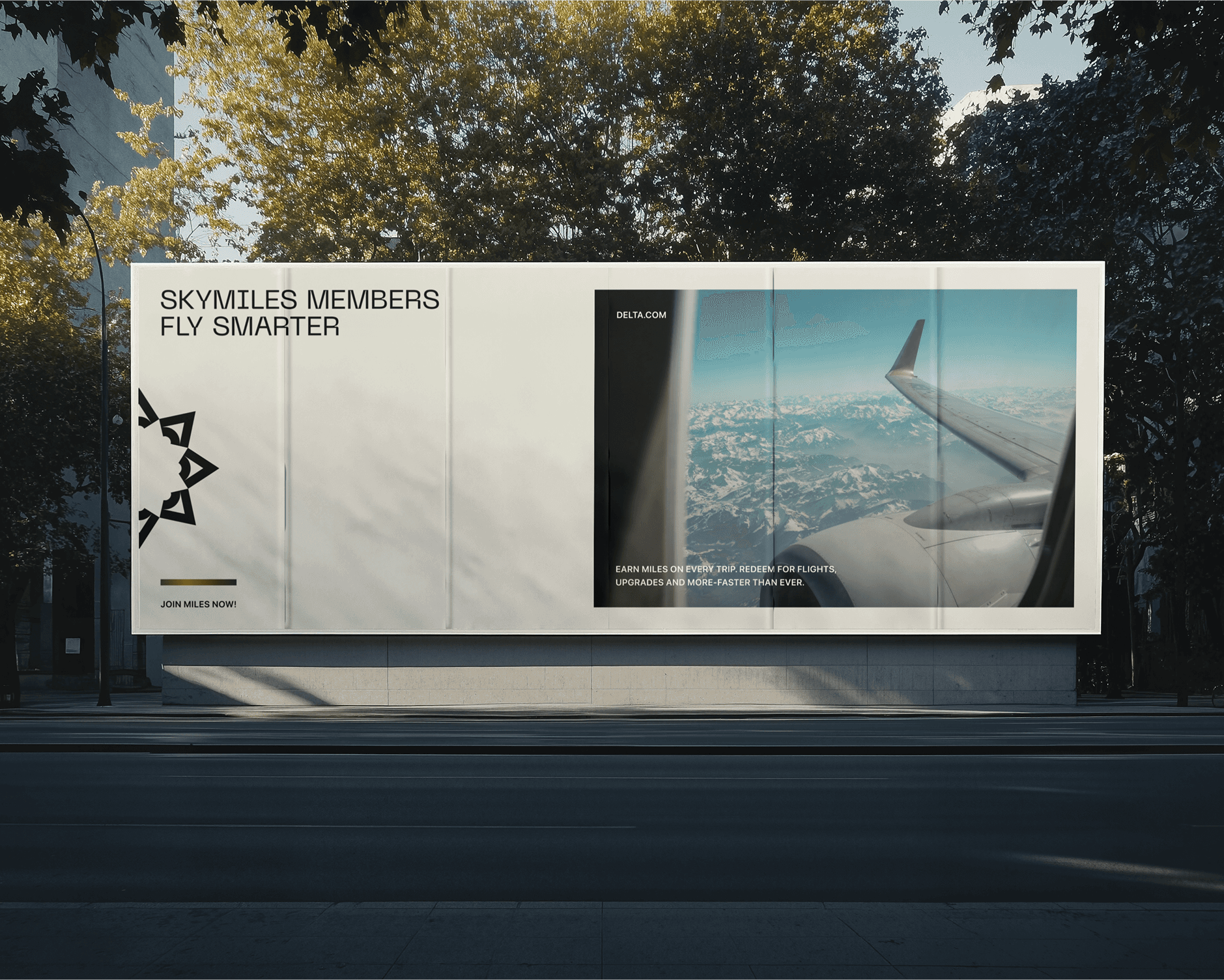 A large outdoor billboard showcases an airplane wing soaring above clouds under a blue sky, promoting "Skymiles Members Fly Smarter" program, surrounded by lush trees and urban street.