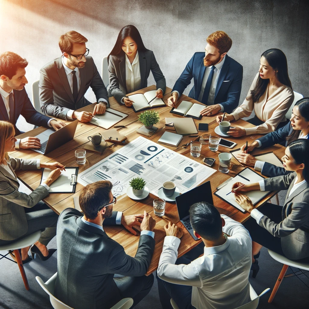 A diverse group of professionals, including Asian, Hispanic, and Caucasian individuals, engaged in a strategic discussion around a conference table, symbolizing the collaborative and high-skilled nature of EB2 green card applicants.