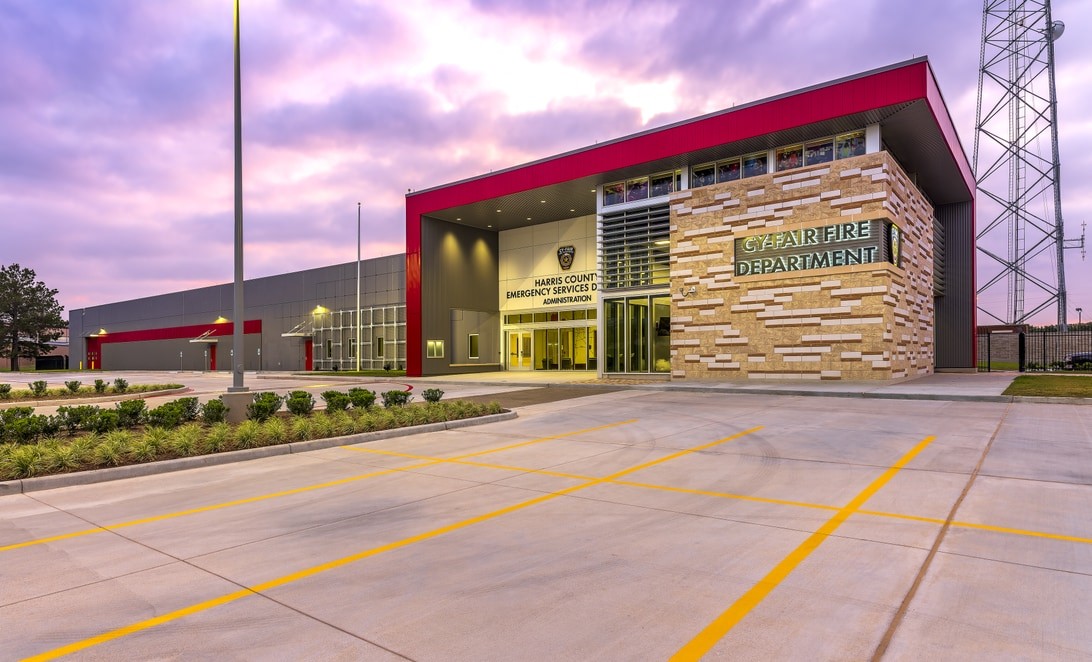 Twilight exterior of the Cy-Fair Fire Department and HCESD 9 Administration Building, by Martinez Architects.