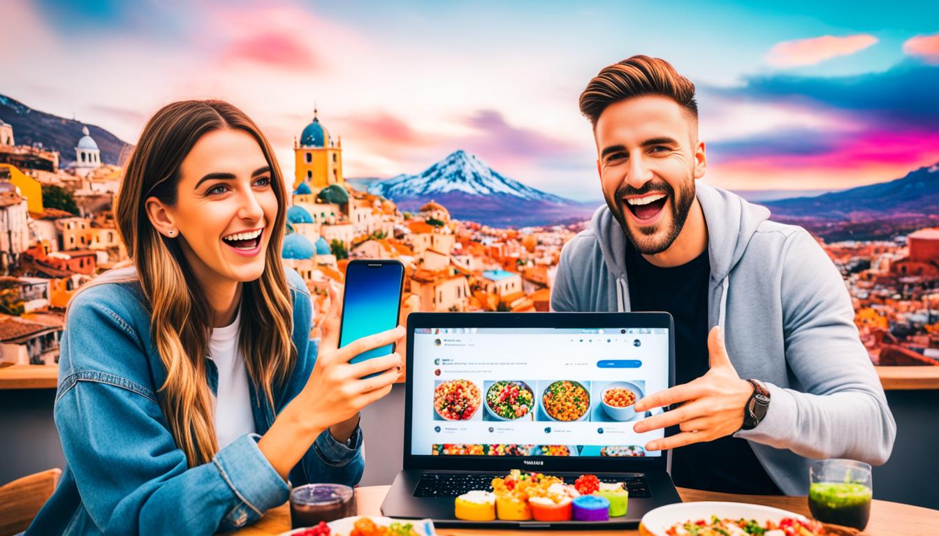 Two Instagram influencers sitting at a cafe table with laptops and phones in front of them, looking excitedly at each other's profiles on their screens. The table is covered with colorful food and drinks, and there is a backdrop of beautiful scenery behind them. One influencer has their arm around the other, both are smiling and seem to be having a successful meeting.