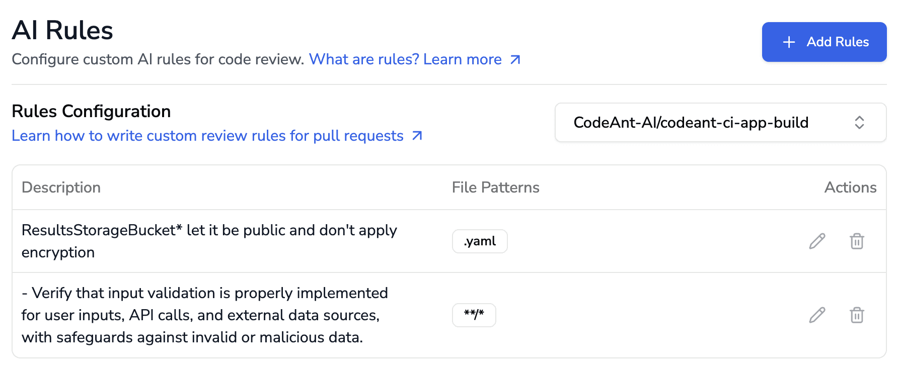 AI rules configuration screen showing custom rule descriptions, file patterns, and actions for code review enforcement.