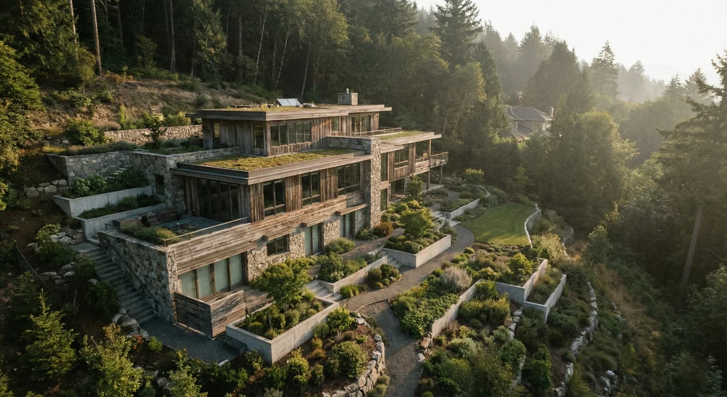 Residential home integrated into sloped landscape