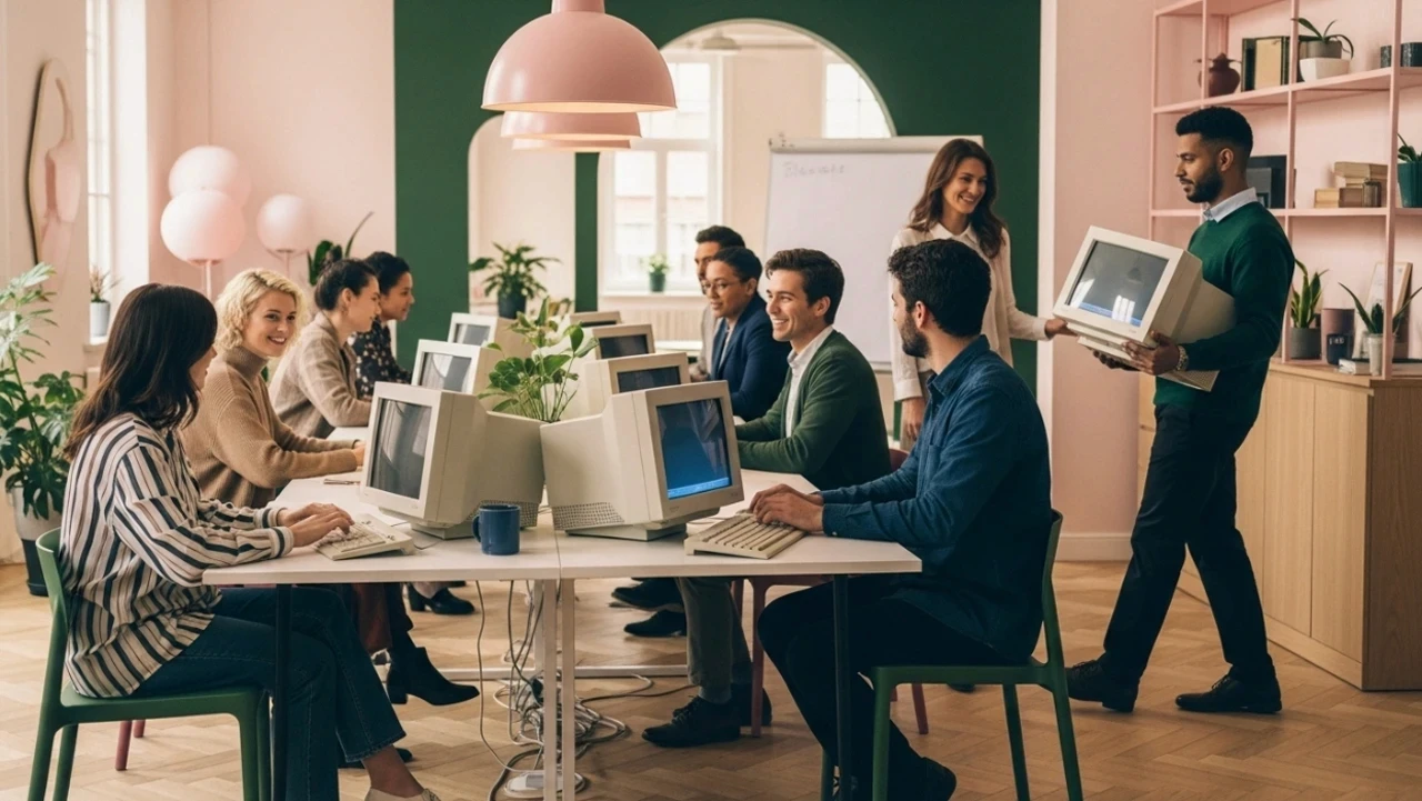 Dans un bureau moderne aux murs verts et roses, plusieurs collaborateurs sont assis autour d’une table équipée d’anciens ordinateurs à écran cathodique. Une femme se tient debout près d’un tableau blanc tandis qu’un homme transporte un autre ordinateur. L’ambiance est conviviale et collaborative. Cette scène accompagne la réflexion sur la transition écologique et la sobriété numérique, en questionnant le renouvellement technologique, la consommation d’équipements et la frontière entre engagement réel et simple effet d’affichage.
