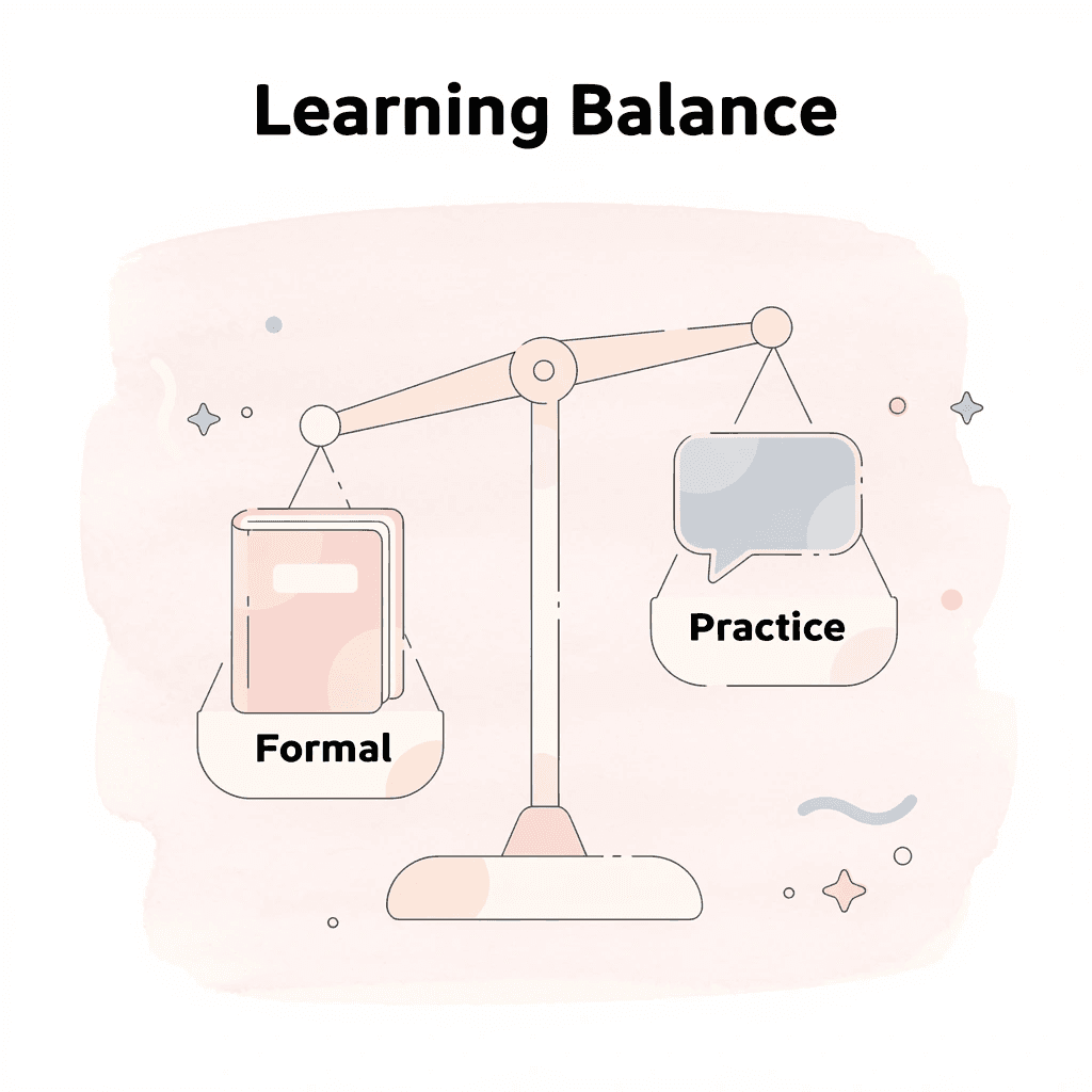 Balance scale comparing formal instruction with real-world practice
