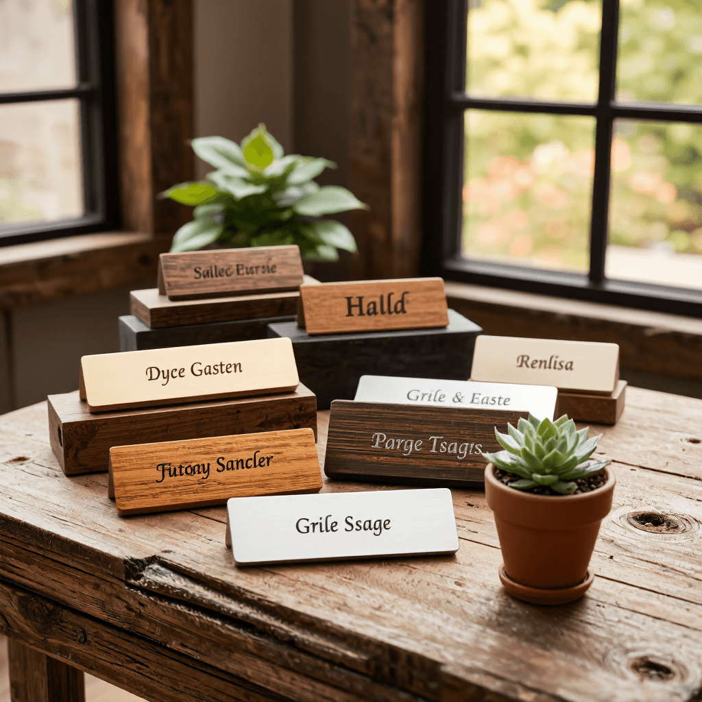 product photography of a collection of decorative name tags made of various materials