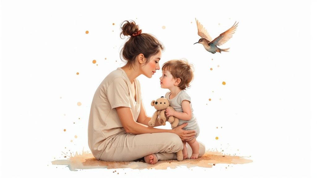 A loving mother and toddler share an intimate moment, looking into each other's eyes with a teddy bear.